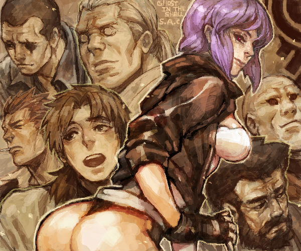 6+boys ass batou beard boma_(ghost_in_the_shell) cigarette facial_hair fingerless_gloves from_behind ghost_in_the_shell ghost_in_the_shell_stand_alone_complex gloves ishikawa kusanagi_motoko leotard looking_back multiple_boys paz red_eyes ruushii saitou_(ghost_in_the_shell) scar togusa