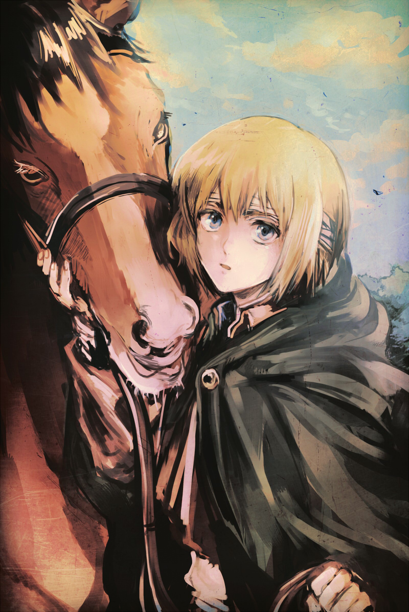 animal armin_arlert bandages blonde_hair blue_eyes cape cloud faux_traditional_media horse jdjd0tmt looking_at_viewer male_focus open_mouth shingeki_no_kyojin sky solo