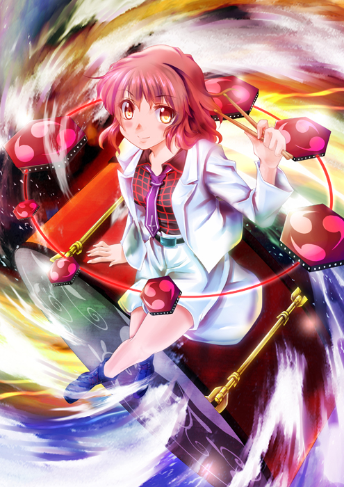 ankle_boots belt boots cross crossed_legs drum drumsticks horikawa_raiko instrument inverted_cross izumi_akane jacket looking_at_viewer mitsudomoe_(shape) multicolored multicolored_background necktie open_clothes open_jacket plaid plaid_shirt purple_neckwear red_hair shirt short_hair sitting skirt smile solo tomoe_(symbol) touhou vortex yellow_eyes