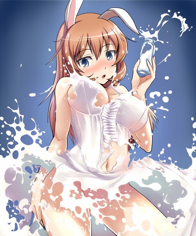 animal_ears bad_id bad_twitter_id blue_eyes blush bottle breasts bunny_ears charlotte_e_yeager fine_art_parody hi-ho- jpeg_artifacts large_breasts long_hair milk milk_bottle no_panties open_clothes orange_hair parody solo splashing strike_witches world_witches_series