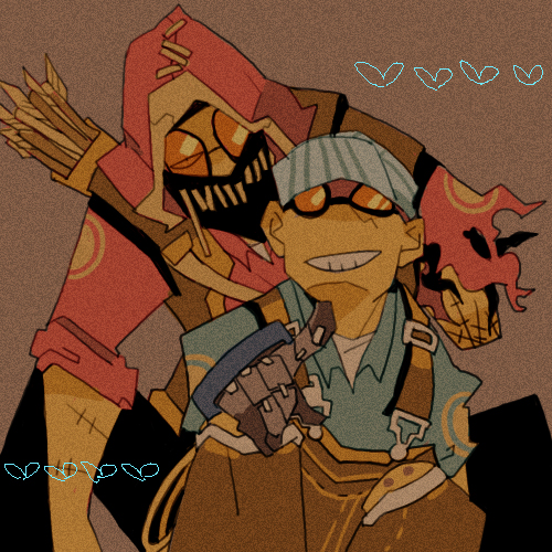 2boys anger_(tf2) arrow bad_id bad_pixiv_id goggles grin gunslinger_(tf2) hat heart lowres male_focus mechanical_arm multiple_boys overalls prosthesis quiver smile sunglasses team_fortress_2 the_engineer the_sniper