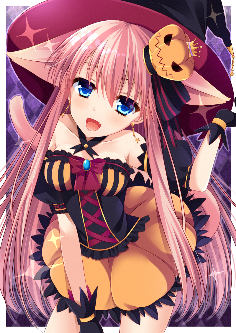 :d agekichi_(heart_shape) animal_ears bare_shoulders blue_eyes cat_ears cat_tail crown fang halloween hat long_hair open_mouth original pink_hair smile solo sparkle tail witch_hat