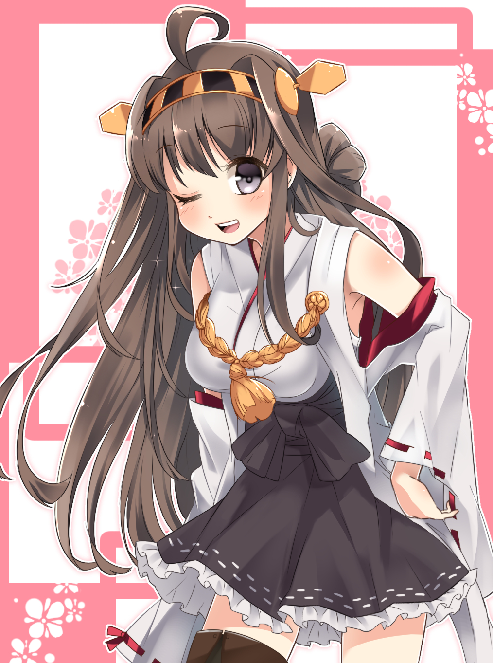 ;) bad_id bad_pixiv_id bare_shoulders blush boots breasts brown_hair detached_sleeves double_bun hair_ornament hairband headgear highres japanese_clothes kantai_collection kongou_(kantai_collection) long_hair medium_breasts nontraditional_miko one_eye_closed open_mouth skirt smile solo supuringe thigh_boots thighhighs