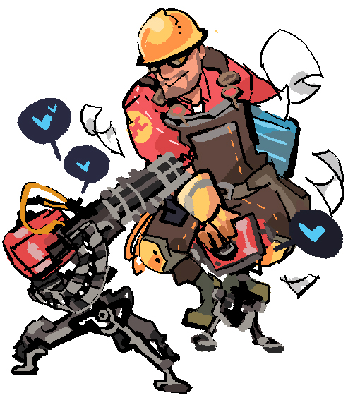 22_(tak_ja) bad_id bad_pixiv_id briefcase flying_paper gloves goggles hardhat heart helmet male_focus overalls paper sentry simple_background solo spoken_heart team_fortress_2 the_engineer white_background