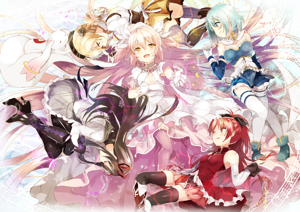 absurdly_long_hair akemi_homura bare_shoulders black_hair black_legwear blonde_hair blue_eyes blue_hair boots bow cape closed_eyes dress drill_hair gloves hair_bow hairband hat kaname_madoka knee_boots kyubey leg_hug licking_lips long_hair magical_girl mahou_shoujo_madoka_magica miki_sayaka multiple_girls nochita_shin open_mouth outstretched_arm outstretched_hand pantyhose pink_hair red_eyes red_hair sakura_kyouko smile thighhighs tomoe_mami tongue tongue_out twin_drills twintails two_side_up ultimate_madoka very_long_hair white_dress white_gloves white_legwear yellow_eyes zettai_ryouiki