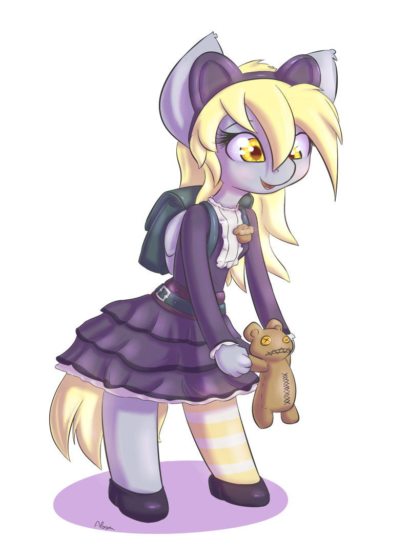 alpha_channel amber_eyes animal_ears anthro backpack bear blonde_hair clothing derpy_hooves_(mlp) dress equine eyelashes female friendship_is_magic fur grey_fur hair horse long_hair looking_at_viewer mammal my_little_pony open_mouth pegasus plain_background plushie pony shoes smile socks solo teddy_bear tongue toy transparent_background wings yellow_eyes
