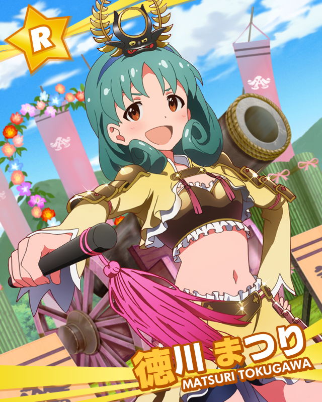 :d armor brown_eyes character_name green_hair hair_ornament idolmaster idolmaster_million_live! japanese_clothes looking_at_viewer navel official_art open_mouth smile tokugawa_matsuri v-shaped_eyebrows