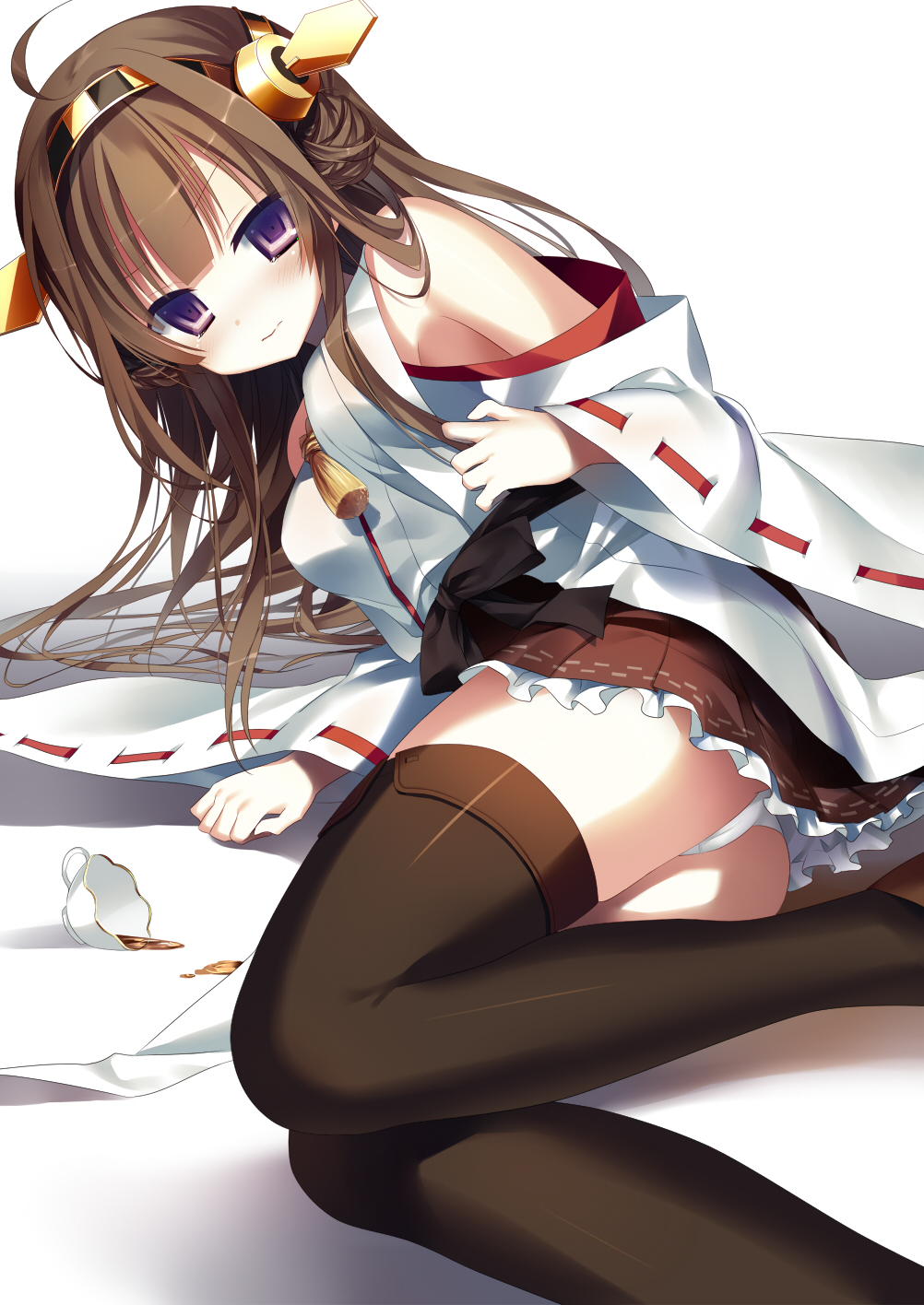 ahoge bare_shoulders blush brown_hair cup detached_sleeves double_bun hair_ornament hairband headgear highres japanese_clothes kantai_collection kongou_(kantai_collection) long_hair looking_at_viewer lying on_side panties pantyshot pantyshot_(lying) ribbon-trimmed_sleeves ribbon_trim skirt smile solo spill teacup thighhighs underwear wide_sleeves yoruneko