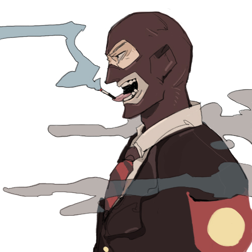 22_(tak_ja) armband bad_id bad_pixiv_id balaclava beta_spy cigarette formal lowres male_focus necktie open_mouth profile simple_background smoke smoking solo suit team_fortress_2 the_spy tongue white_background