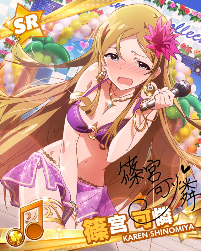 armlet beamed_eighth_notes bikini blue_eyes blush bracelet breasts brown_hair card_(medium) character_name character_signature cleavage covering covering_crotch earrings embarrassed flower hair_flower hair_ornament idolmaster idolmaster_million_live! jewelry large_breasts lens_flare long_hair looking_at_viewer microphone musical_note navel o-ring o-ring_top official_art open_mouth purple_bikini shinomiya_karen shiny shiny_skin solo stage swimsuit very_long_hair wavy_mouth