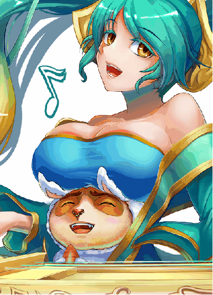 1girl animated animated_gif bare_shoulders bouncing_breasts breast_rest breasts chan_qi_(fireworkhouse) harp huge_breasts instrument league_of_legends looking_at_viewer musical_note simple_background sona_buvelle teemo white_background