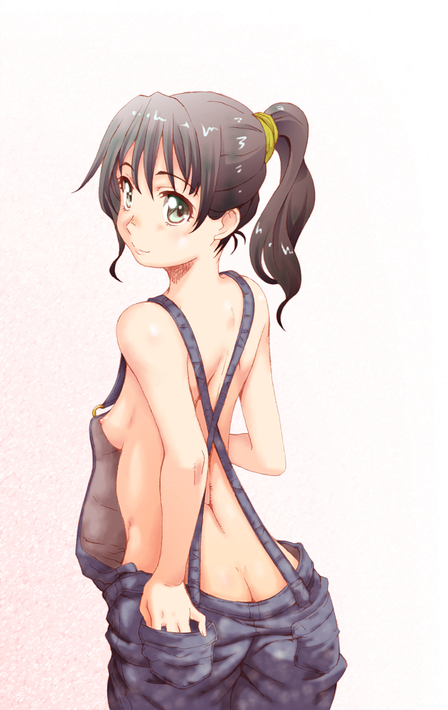 back bangs breasts brown_hair butt_crack from_behind green_eyes hair_tie hand_in_pocket kesuida looking_back naked_overalls nipples original overalls ponytail short_hair small_breasts smile solo