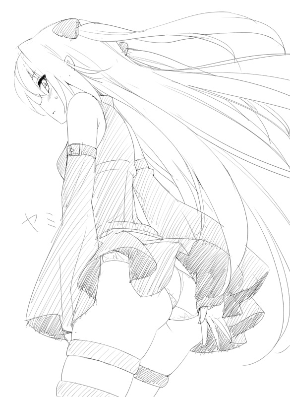 character_name detached_sleeves greyscale konjiki_no_yami long_hair looking_back monochrome panties pantyshot peko simple_background sketch skirt solo to_love-ru underwear white_background