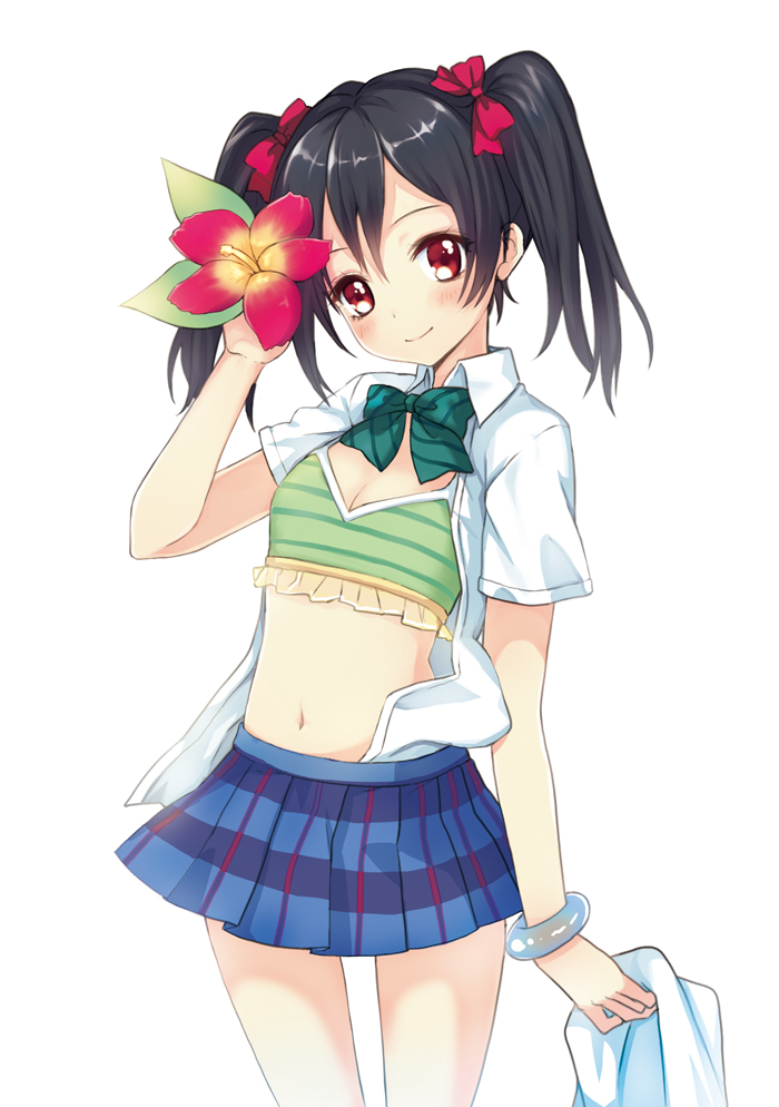 black_hair bow bracelet breasts camisole dress_shirt flower frills hair_bow hibiscus jewelry juke looking_at_viewer love_live! love_live!_school_idol_project natsuiro_egao_de_1_2_jump! navel open_clothes open_shirt otonokizaka_school_uniform red_eyes school_uniform shirt short_hair short_twintails simple_background skirt small_breasts smile solo striped swimsuit swimsuit_under_clothes twintails white_background yazawa_nico