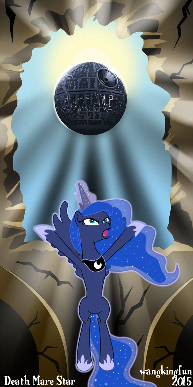 2015 angry crossover death_star equine feathered_wings feathers female feral flying friendship_is_magic hair horn jewelry long_hair mammal my_little_pony necklace princess_luna_(mlp) solar_eclipse solo spread_wings star_wars wangkingfun winged_unicorn wings