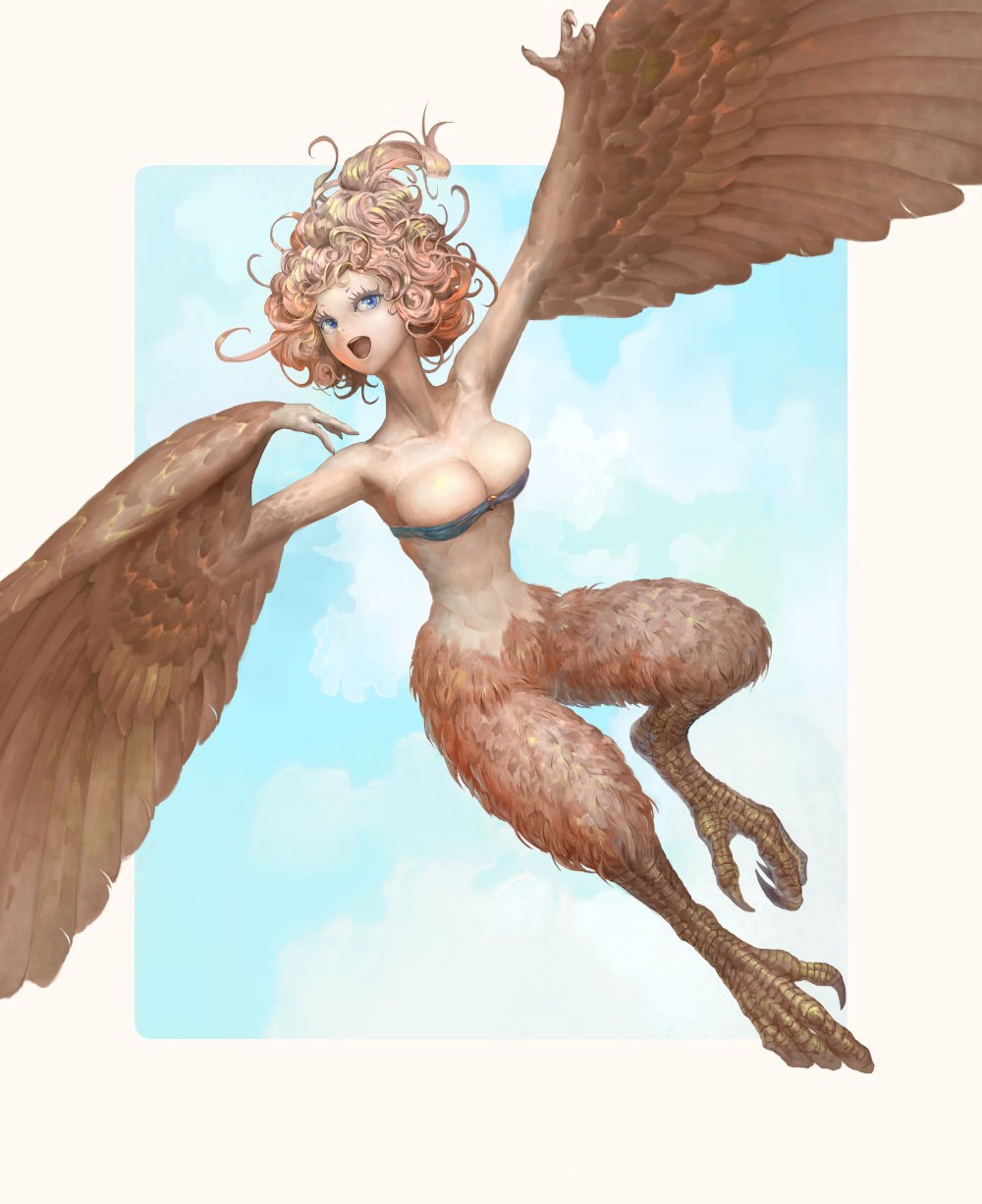 bad_id bad_pixiv_id breasts brown_hair cleavage douzen feathered_wings feathers harpy highres large_breasts monster_girl original solo wings