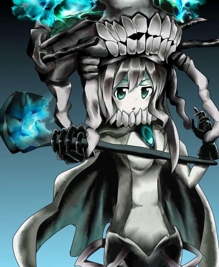 bad_id bad_pixiv_id blue_eyes breasts cape gloves kantai_collection long_hair looking_at_viewer medium_breasts monster pale_skin scepter shinkaisei-kan silver_hair solo tantan_men_(dragon) thighhighs wo-class_aircraft_carrier