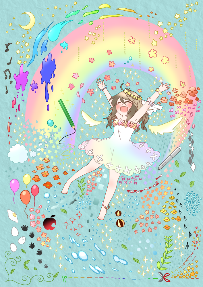 ^_^ anklet balloon barefoot blush brown_hair closed_eyes dress flower happy jewelry long_hair open_mouth original paint pencil rainbow solo veil wings