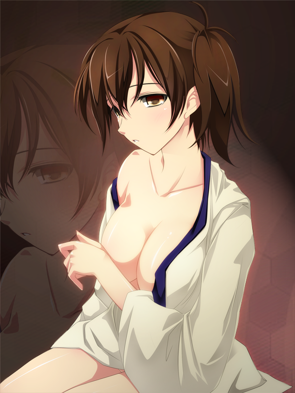 blush bow breasts brown_eyes brown_hair cleavage japanese_clothes kaga_(kantai_collection) kantai_collection kyoro_(cothurnus) large_breasts muneate partially_undressed side_ponytail solo zoom_layer