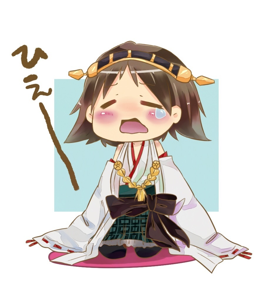 bare_shoulders blush brown_hair chibi crying detached_sleeves double_bun furataso hair_ornament hairband headgear hiei_(kantai_collection) japanese_clothes kantai_collection skirt solo wide_sleeves