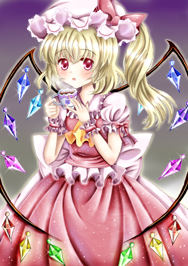 :o amiguri ascot blonde_hair blush cup fingernails flandre_scarlet glint gradient gradient_background hat hat_ribbon long_fingernails looking_at_viewer mob_cap nail_polish puffy_short_sleeves puffy_sleeves red_eyes ribbon short_hair short_sleeves side_ponytail simple_background skirt skirt_set solo teacup touhou wings wrist_cuffs