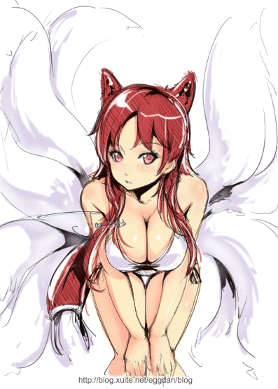 1girl animal_ears bent_over bikini breasts cat_ears cleavage female fox_tail jon_tw league_of_legends long_hair multiple_tails red_eyes red_hair simple_background solo swimsuit tail thigh_gap white_background white_bikini white_swimsuit