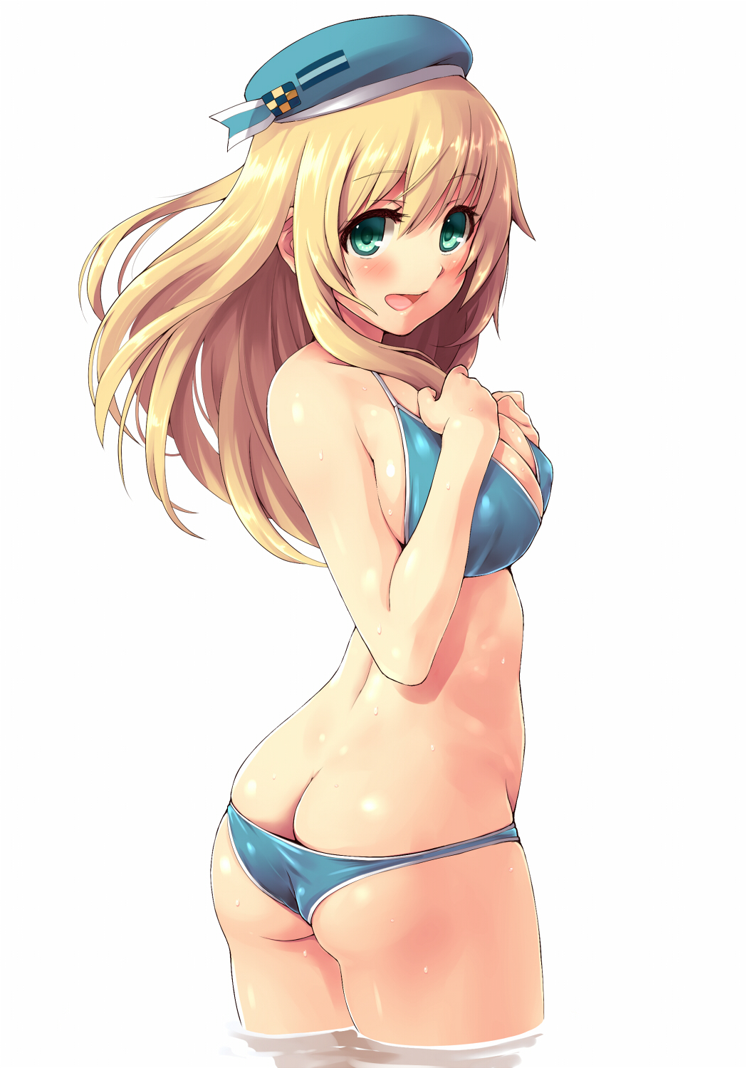 ass atago_(kantai_collection) bad_id bad_pixiv_id bikini blonde_hair blush breasts butt_crack green_eyes hand_on_own_chest hat highres kantai_collection kekemotsu large_breasts long_hair looking_at_viewer looking_back open_mouth partially_submerged shiny shiny_skin simple_background skindentation solo swimsuit wet white_background