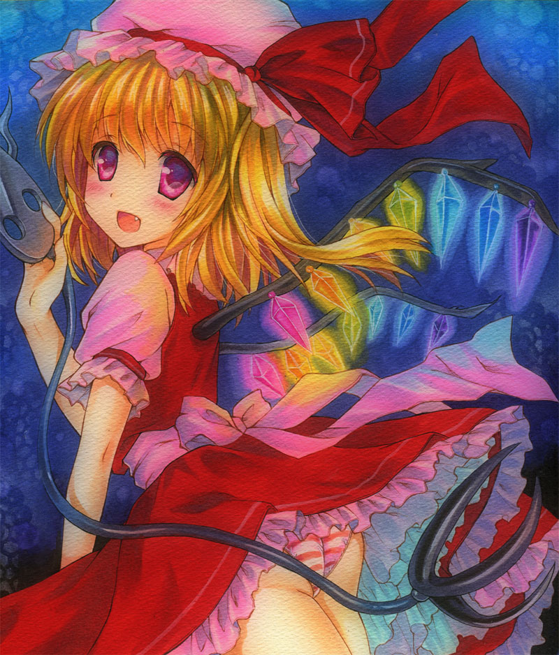:d blonde_hair blush bow dress fang flandre_scarlet hat hat_bow igone_rin laevatein looking_at_viewer looking_back mob_cap open_mouth panties pantyshot pantyshot_(standing) puffy_sleeves red_dress red_eyes sash shirt short_sleeves side_ponytail smile solo standing striped striped_panties touhou traditional_media underwear wings