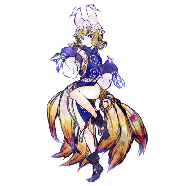 blonde_hair breasts detached_sleeves fox_tail hat medium_breasts multiple_tails naked_tabard shiro_(reptil) sideboob simple_background solo tabard tail touhou white_background yakumo_ran