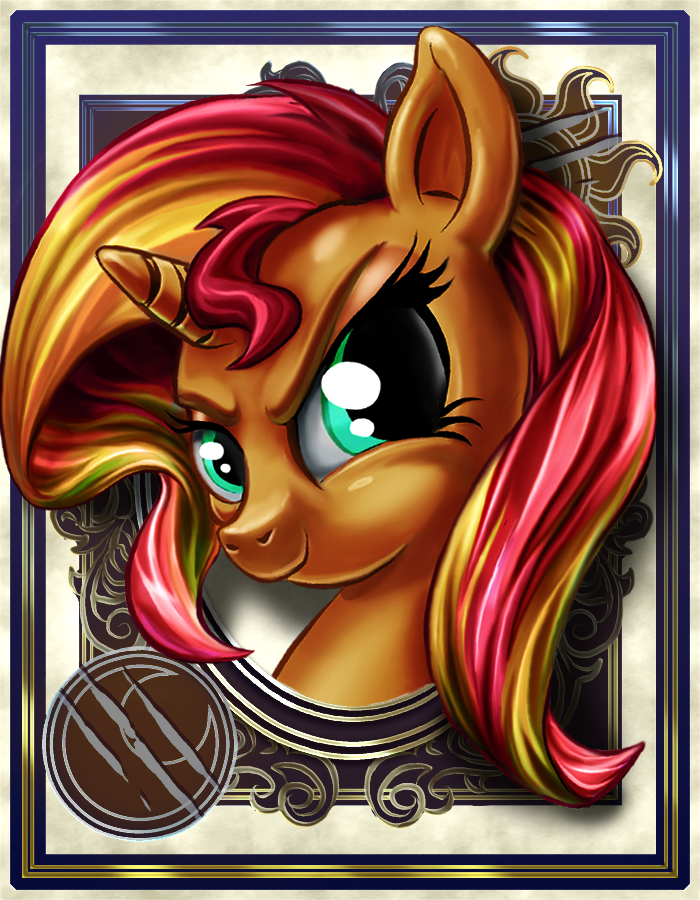 blonde_hair equestria_girls equine female green_eyes hair harwick horn horse looking_at_viewer mammal moon my_little_pony pony portrait red_hair smile solo sun sunset_shimmer_(eg) two_tone_hair unicorn