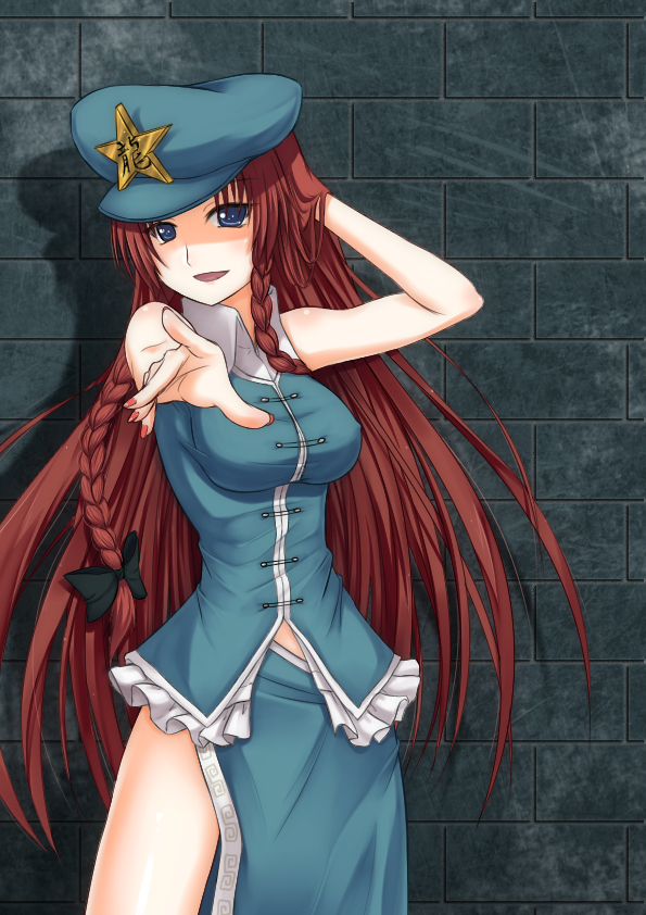 blue_eyes blush braid breasts hand_on_own_head hat hong_meiling large_breasts long_hair mari-itachidosi nail_polish open_mouth red_hair skirt sleeveless smile solo star touhou twin_braids wall