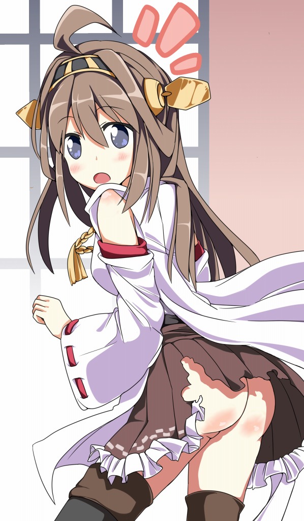 ass bad_id bad_pixiv_id bare_shoulders blush boots breasts brown_hair detached_sleeves double_bun hair_ornament hairband headgear japanese_clothes kantai_collection kongou_(kantai_collection) long_hair looking_at_viewer looking_back medium_breasts nontraditional_miko open_mouth skirt solo tantan_men_(dragon) thigh_boots thighhighs torn_clothes