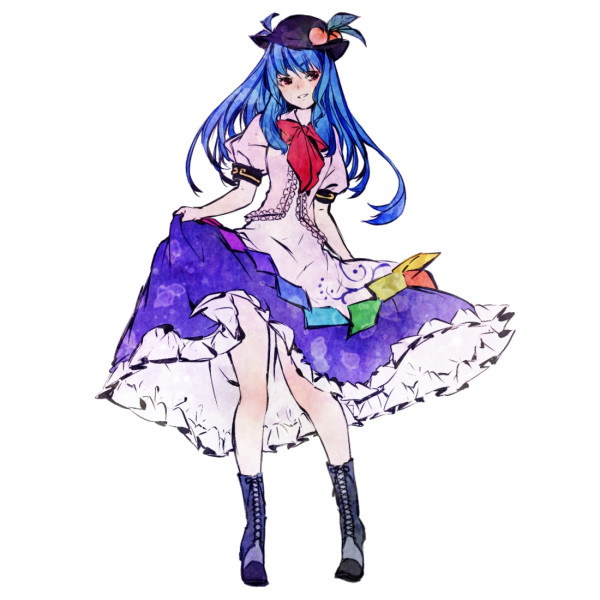 blue_hair boots full_body hat hinanawi_tenshi long_hair red_eyes shiro_(reptil) simple_background solo standing touhou white_background
