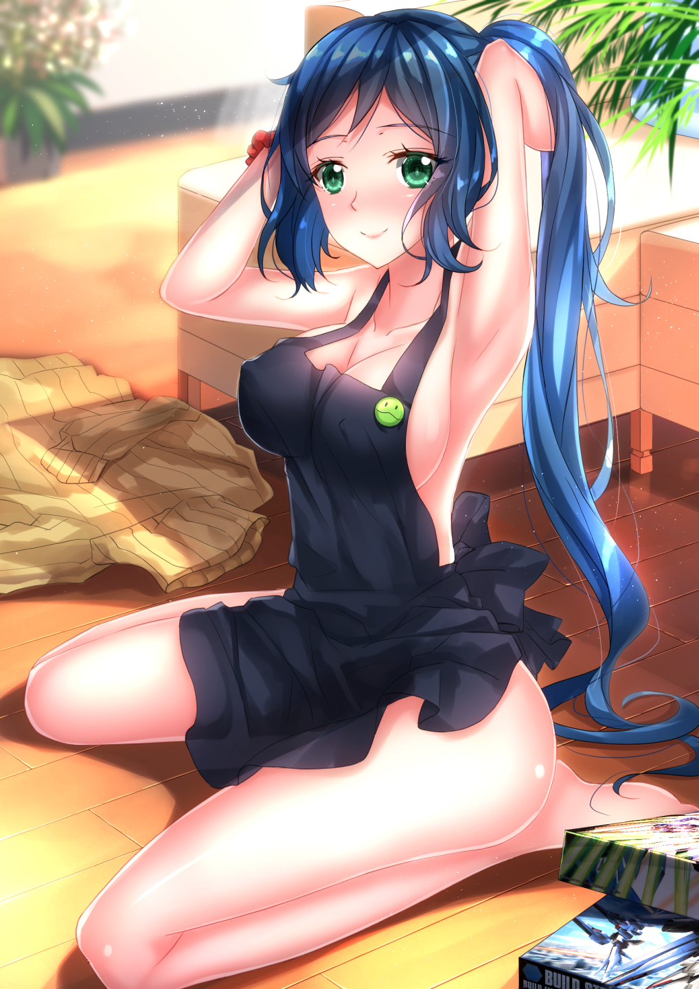 adjusting_hair apron armpits barefoot blue_hair blush breasts cleavage clothes_removed covered_nipples green_eyes gundam gundam_build_fighters highres iori_rinko large_breasts long_hair mature naked_apron ribbed_sweater sitting smile solo sweater swordsouls
