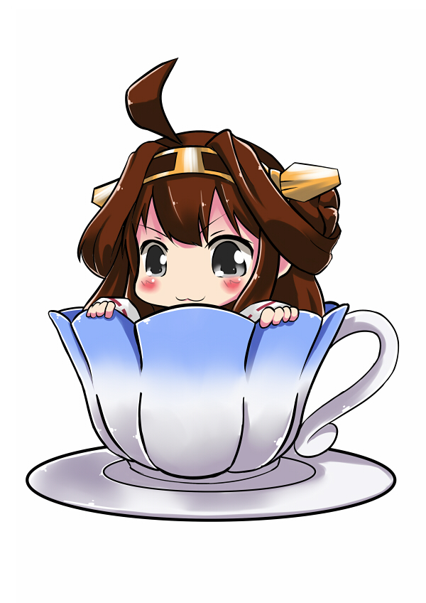 bangs blunt_bangs brown_hair chibi cup double_bun erusen_(des-arms) grey_eyes hair_ornament hairband in_container in_cup kantai_collection kongou_(kantai_collection) long_hair solo tea teacup white_background