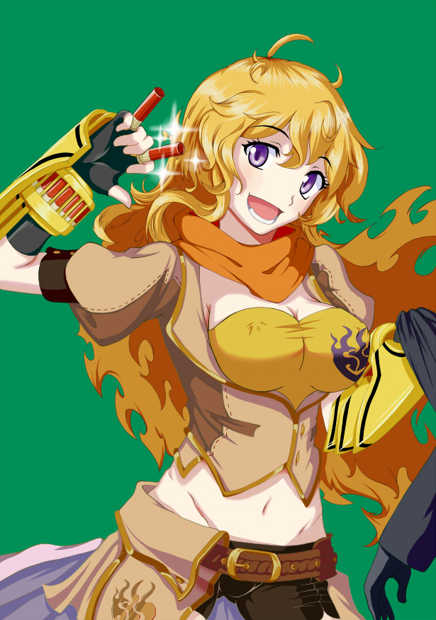 1girl blonde_hair breasts bullet cleavage erect_nipples female fingerless_gloves gloves green_background intes large_breasts long_hair macross macross_frontier midriff navel open_mouth parody purple_eyes rwby scarf smile style_parody yang_xiao_long