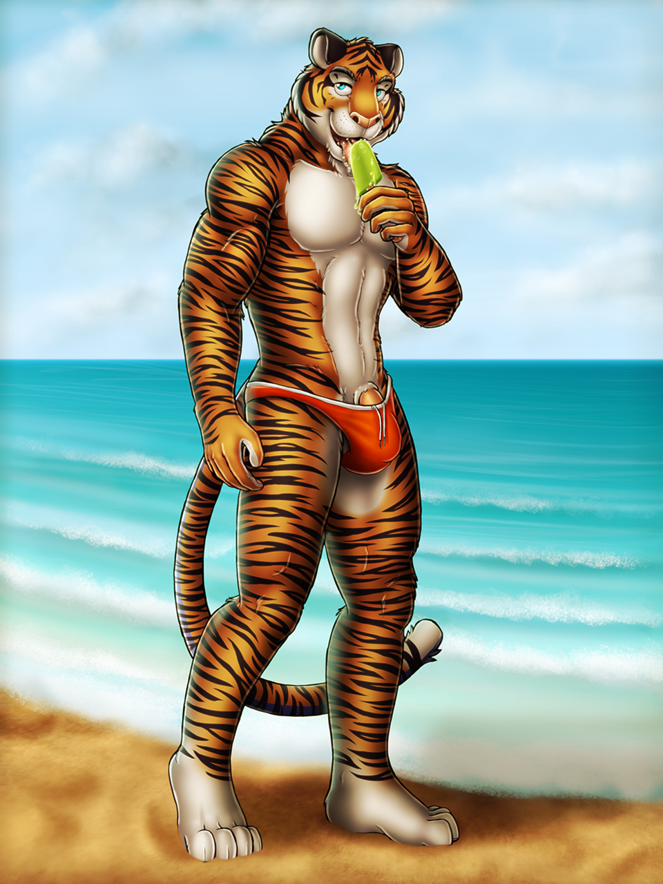 4_toes abs anthro beach biceps blue_eyes body_markings bulge chest cloud dream_and_nightmare feline fur hindpaw looking_at_viewer male mammal markings muscles outside paws pecs penis plantigrade popsicle pose seaside sky solo speedo standing stripes swimsuit tiger toes topless underwear water