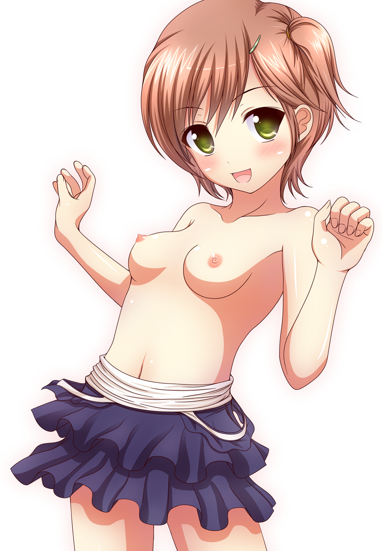 blush breasts brown_hair double_flare_skirt_one-piece eyebrows_visible_through_hair frilled_swimsuit frills girly_pose green_eyes hair_ornament hairclip ki_(kk-sk-ray) looking_at_viewer navel nipples nontraditional_school_swimsuit one-piece_swimsuit open_mouth original school_swimsuit short_hair simple_background small_breasts solo swimsuit topless white_background