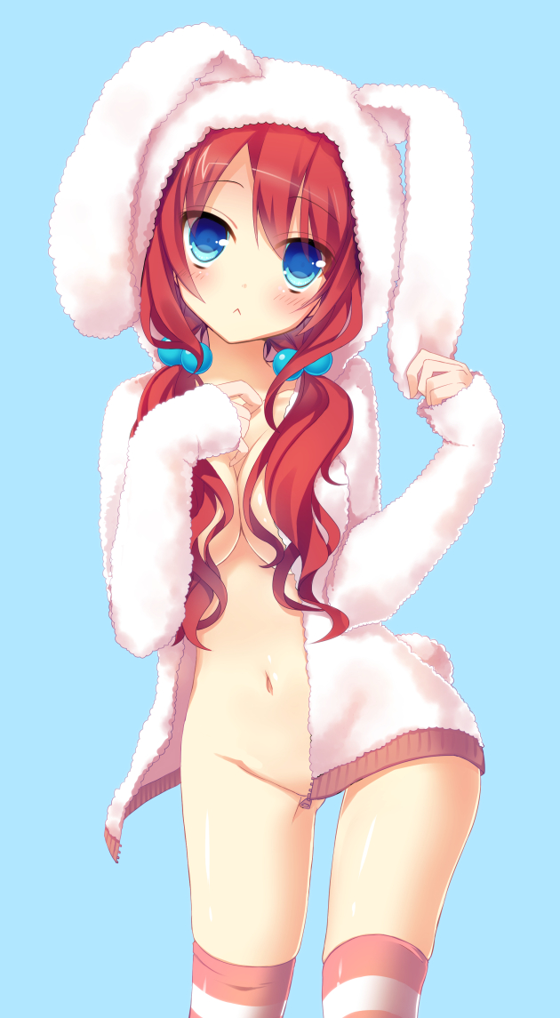 :&lt; amamine animal_ears animal_hood ass_visible_through_thighs bad_id bad_pixiv_id blue_background blue_eyes blush bottomless breasts bunny_ears bunny_hood bunny_tail groin hair_bobbles hair_ornament hood hoodie jacket kneehighs medium_breasts naked_hoodie navel no_bra open_clothes open_jacket original over-kneehighs red_hair solo striped striped_legwear tail thighhighs twintails