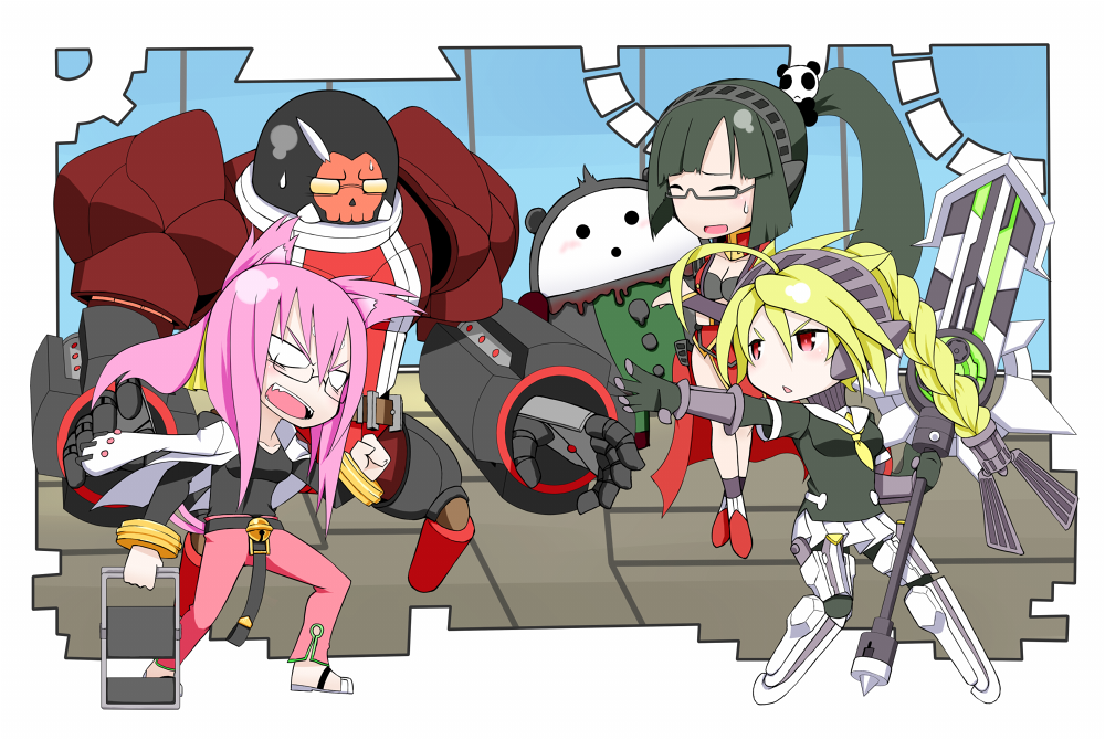 animal_ears arakune ariadne_(persona) ariadne_(persona)_(cosplay) bell blazblue blonde_hair blush_stickers breasts cat_ears chair cleavage clenched_hand closed_eyes cosplay crossover glasses green_hair iron_tager kokonoe kuma_(persona_4) kuma_(persona_4)_(cosplay) kuroshiro_(ms-2420) labrys labrys_(cosplay) lambda-11 lao_jiu litchi_faye_ling long_hair medium_breasts multiple_girls panda persona persona_4:_the_ultimate_in_mayonaka_arena pink_hair ponytail red_eyes sweatdrop take-mikazuchi take-mikazuchi_(cosplay) tatsumi_kanji tatsumi_kanji_(cosplay) weapon