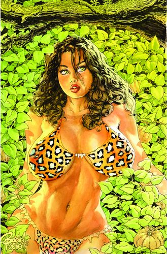 bikini breasts brown_hair budd_root green_eyes jungle large_breasts lipstick long_hair lowres makeup nature original solo swimsuit