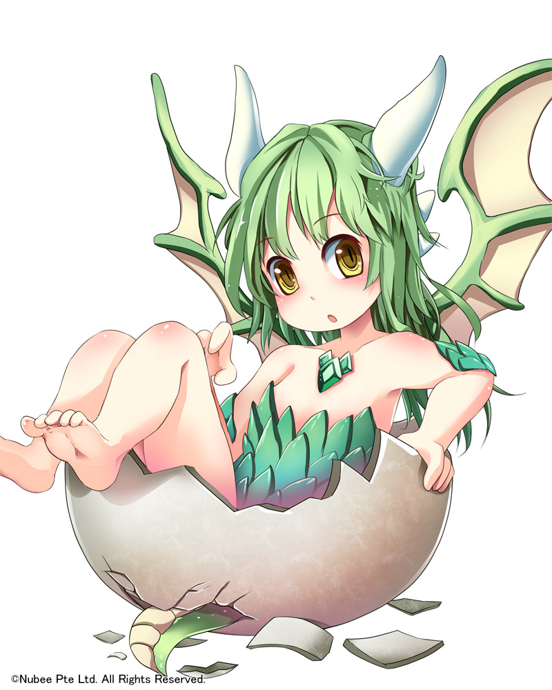 bare_shoulders barefoot child dragon_girl eggshell green_hair long_hair looking_at_viewer original simple_background solo suoni_(deeperocean) white_background wings yellow_eyes