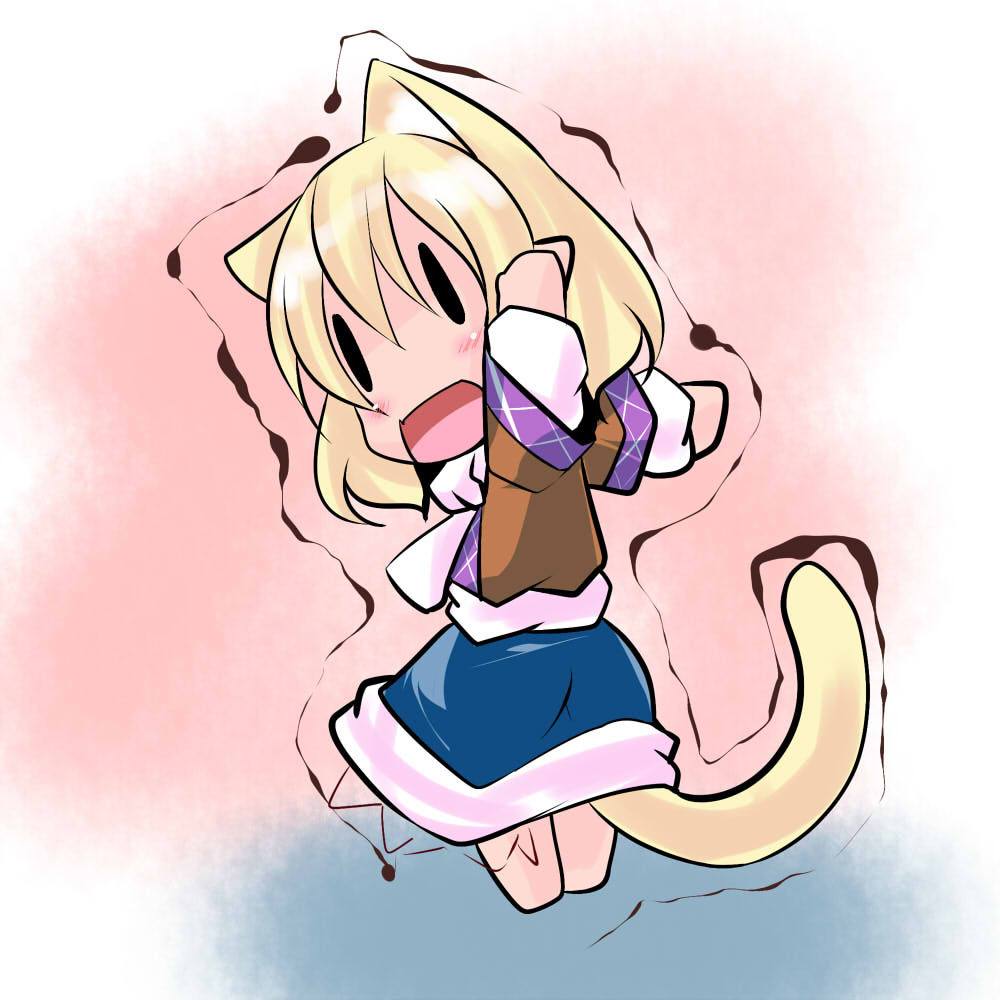 animal_ears blonde_hair chibi hoshizuki_(seigetsu) kemonomimi_mode looking_at_viewer looking_back minigirl mizuhashi_parsee open_mouth outstretched_arms puru-see solo standing tail touhou trembling |_|