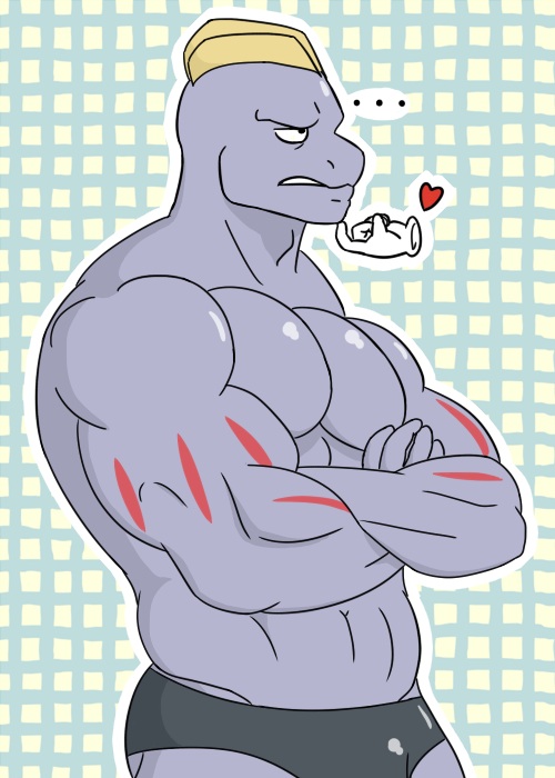 &lt;3 abs biceps big_muscles bulge crossed_arms disembodied_hand grey_skin humanoid luigiman machoke male muscles nintendo pecs pok&#233;mon pok&eacute;mon pokemon_amie pose scales solo speedo standing swimsuit topless underwear unimpressed video_games