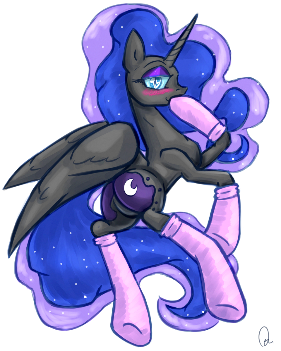 blue_eyes blue_fur blue_hair blush clothing cutie_mark equine female feral friendship_is_magic fur hair horn horse long_hair looking_at_viewer mammal multi-colored_hair my_little_pony night nightmare_moon_(mlp) open_mouth pony signature smile socks solo spreading winged_unicorn wings