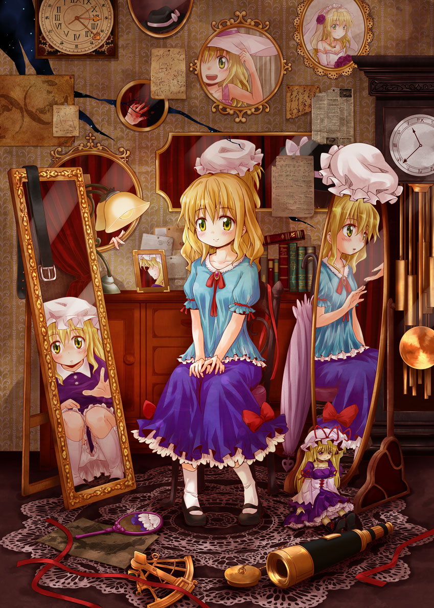 bizarro blonde_hair blood character_doll clock crack different_reflection dress grandfather_clock hat long_skirt maribel_hearn mirror multiple_persona newspaper nibi open_mouth reflection ribbon sextant sitting skirt smile telescope touhou usami_renko wedding_dress when_you_see_it yakumo_yukari