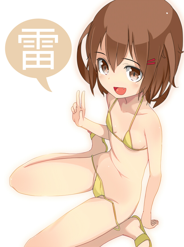 :d bad_id bad_pixiv_id bikini brown_eyes brown_hair fang hair_ornament hairclip ikazuchi_(kantai_collection) kantai_collection looking_at_viewer open_mouth partially_undressed short_hair smile solo string_bikini swimsuit tamakorogashi untied v white_background