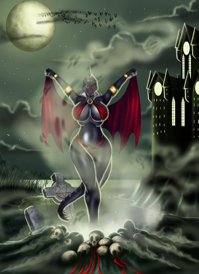 anthro bat big_breasts blood breasts cape castle cleavage clothed clothing cloud dinosaur fangs female full_moon glowing glowing_eyes gravestone kendra_nails kentrosaurus lizard looking_at_viewer lordstevie mammal moon night outside red_eyes reptile sauropod scalie skimpy skull spikes stars thick_tail thick_thighs thighs vampire wide_hips