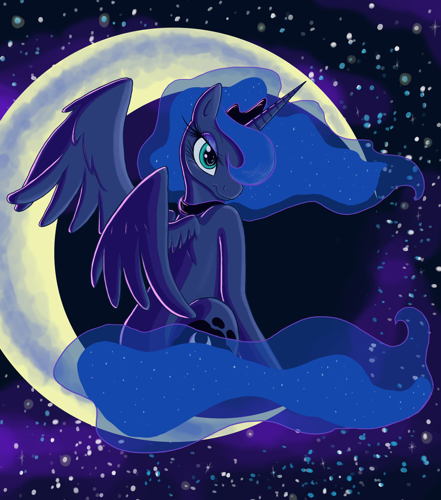 add:artistkcday back_turned blue_fur crown cutie_mark equine friendship_is_magic hair horn horse moon multi-colored_hair my_little_pony princess_luna_(mlp) sitting smile solo stars winged_unicorn wings