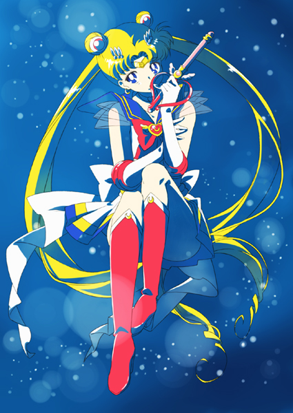 anime_coloring back_bow bishoujo_senshi_sailor_moon blonde_hair blue_sailor_collar boots bow ciel62 elbow_gloves full_body gloves hair_ornament hairclip high_contrast holding holding_wand kaleidomoon_scope long_hair multicolored multicolored_clothes multicolored_skirt official_style red_bow red_footwear sailor_collar sailor_moon sailor_senshi_uniform skirt solo super_sailor_moon tsukino_usagi twintails very_long_hair wand white_gloves